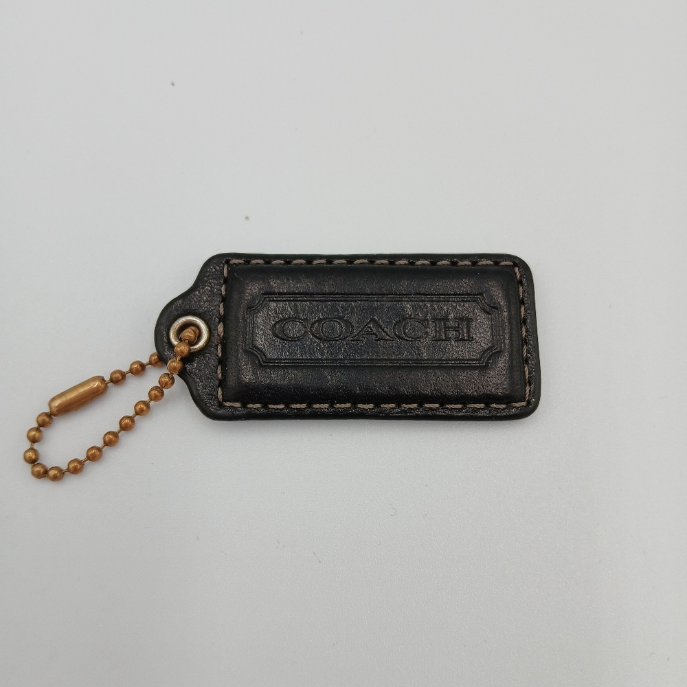 Coach Black Leather Embossed Hang Tag with Gold-Tone Chain